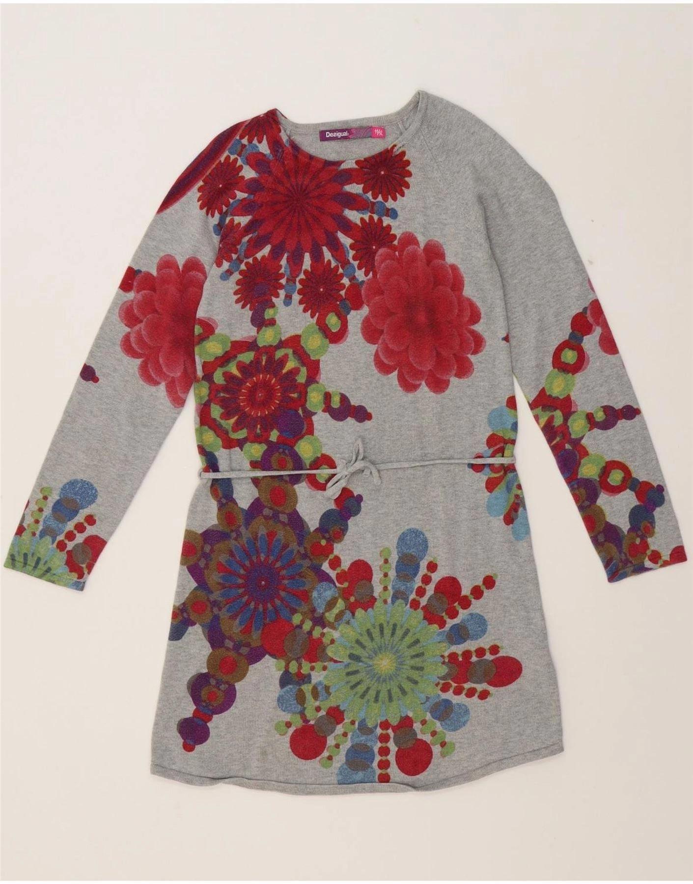DESIGUAL Girls Long Sleeve Jumper Dress 11-12 Years Grey Floral Cotton Fall Inspired Modern Layering