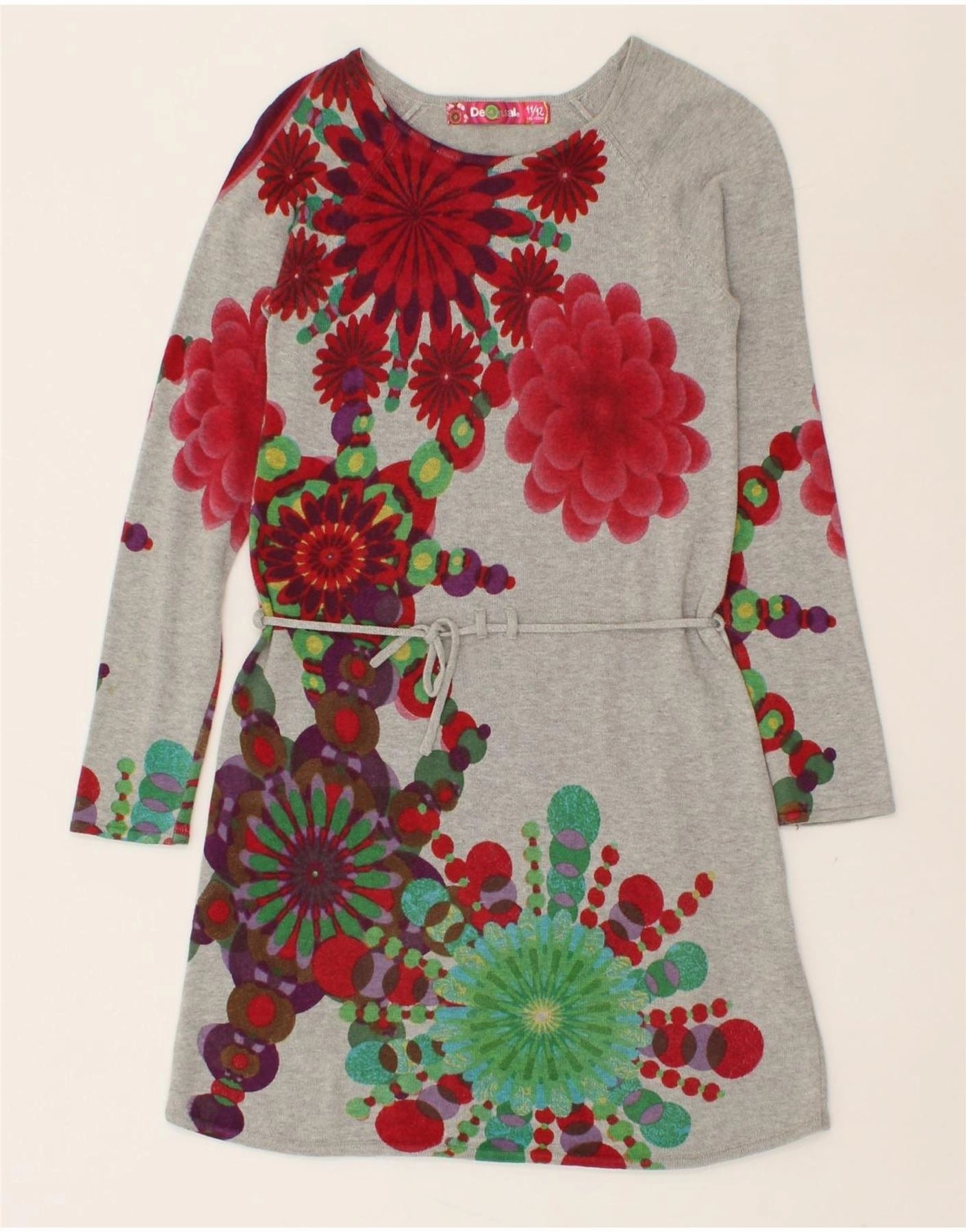 DESIGUAL Girls Long Sleeve Jumper Dress 11-12 Years Grey Floral Cotton Easy Mood