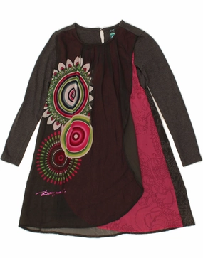 DESIGUAL Girls Long Sleeve Tent Dress 9-10 Years Grey Patchwork Relax Line