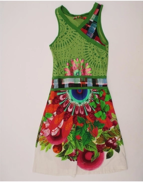 DESIGUAL Girls Sleeveless A-Line Dress 13-14 Years Green Floral Cotton Everyday Comfort Wear