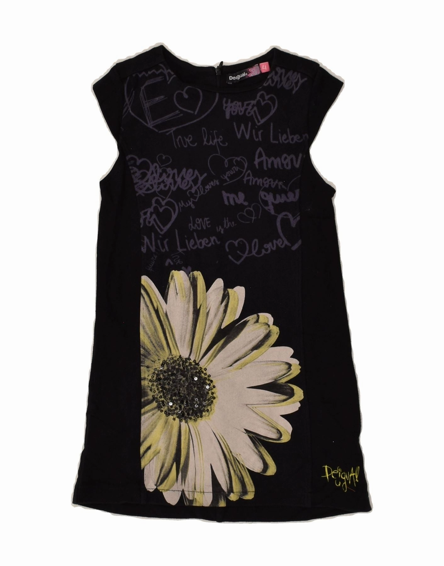 Crisp Look Farm Scene DESIGUAL Girls Sleeveless Graphic Basic Dress 3-4 Years Black Cotton