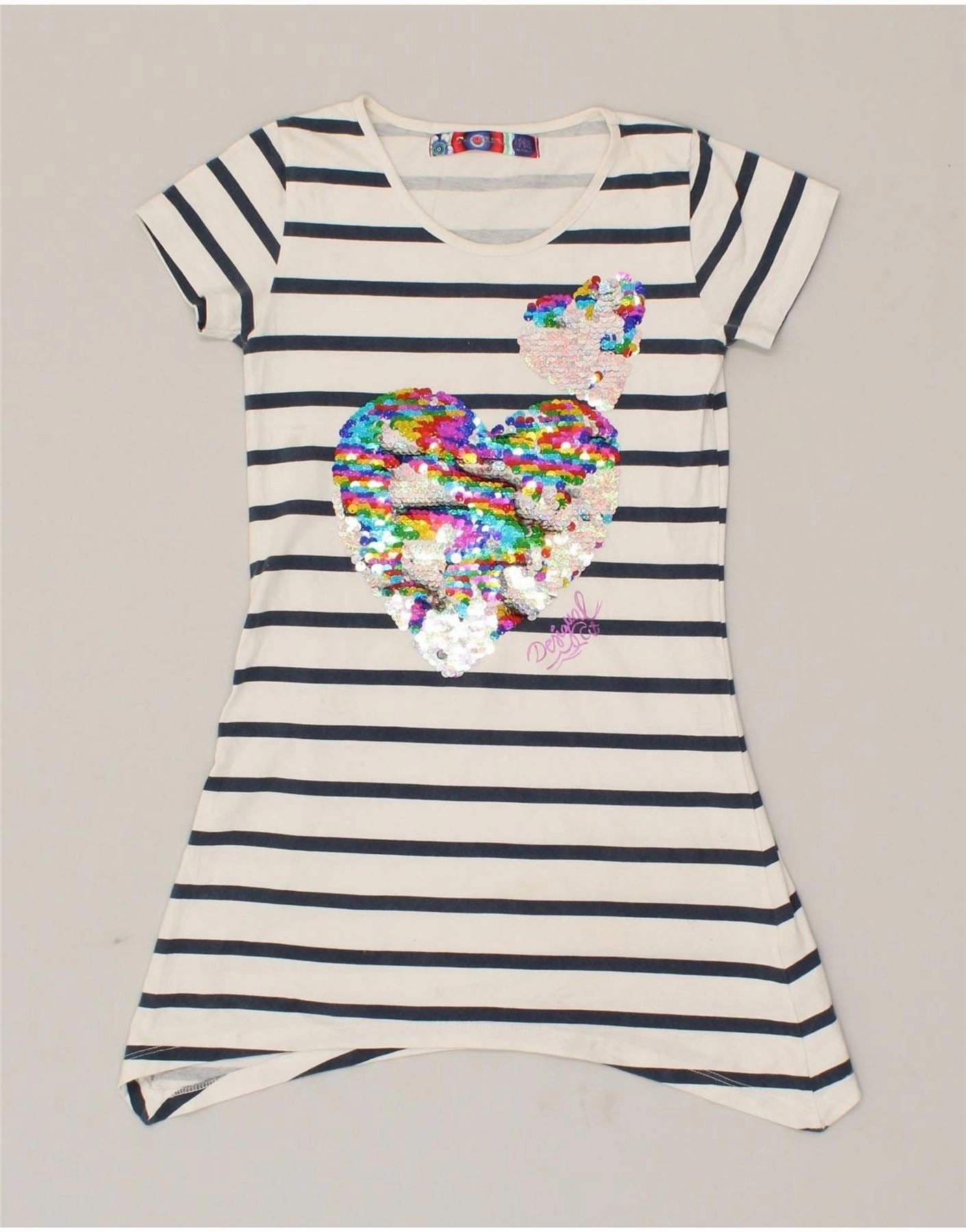 DESIGUAL Girls T-Shirt Dress 11-12 Years White Striped Cotton TearResistantFabric Heritage-Brand