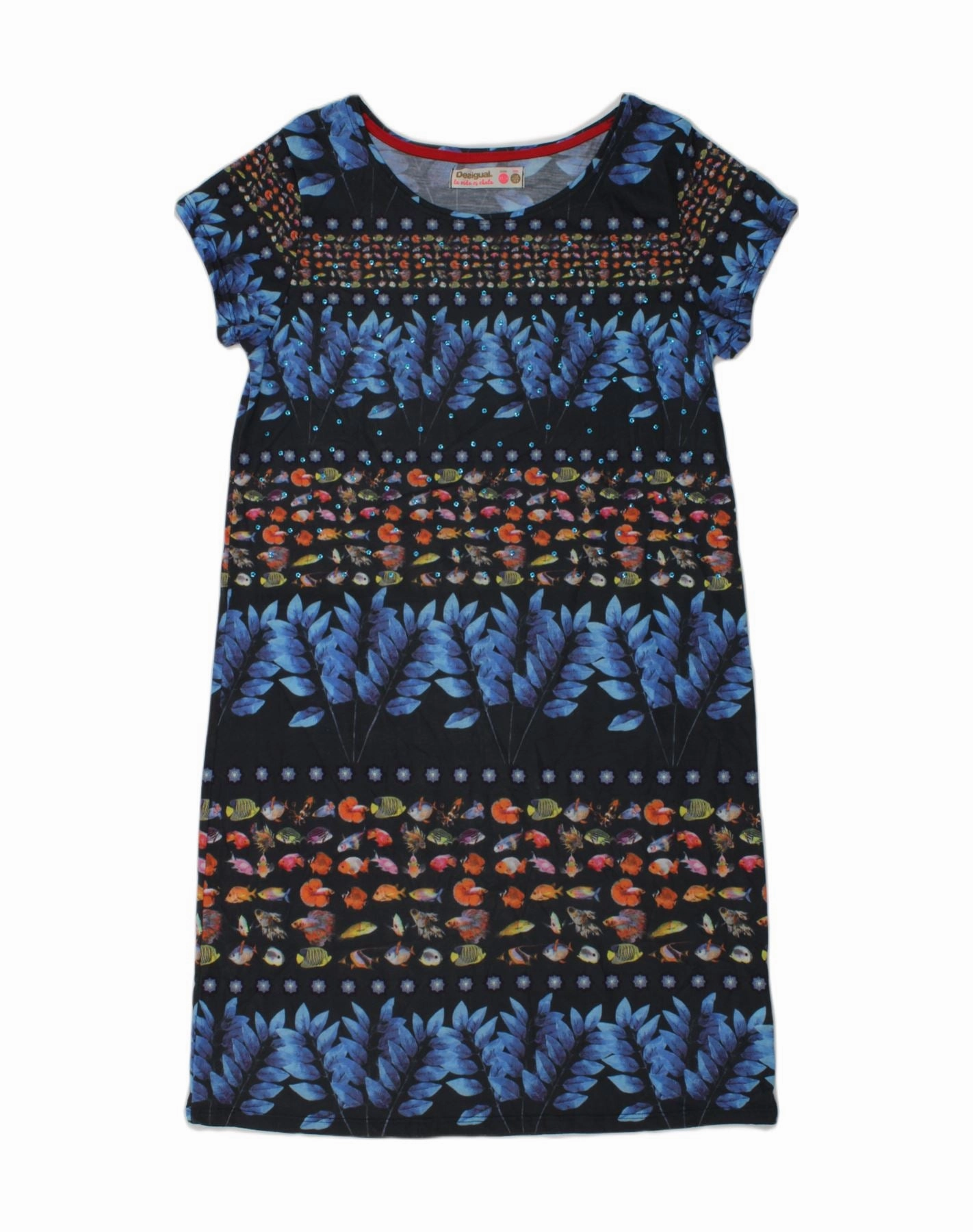 DESIGUAL Girls T-Shirt Dress 13-14 Years Navy Blue Floral Polyester Fish Occasion Wear