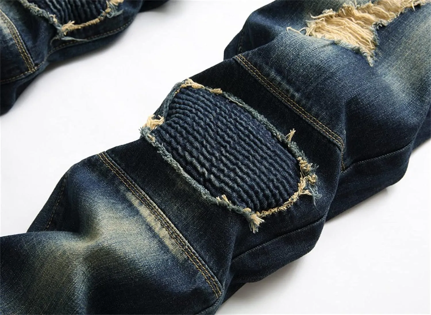 DGHM-JLMY Men's Fashion Ripped Jeans Casual Biker Jeans with Hole Slim Denim Regular Fit Tapered Jeans