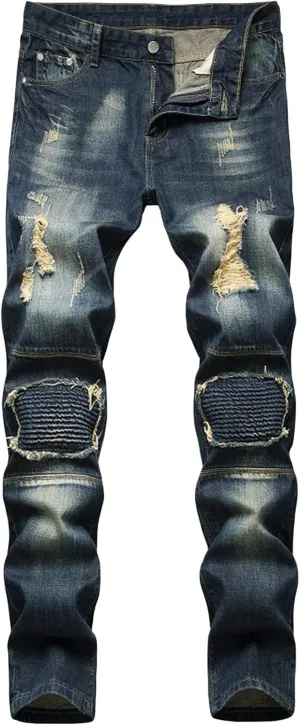 DGHM-JLMY Men's Fashion Ripped Jeans Casual Biker Jeans with Hole Slim Denim Regular Fit Tapered Jeans