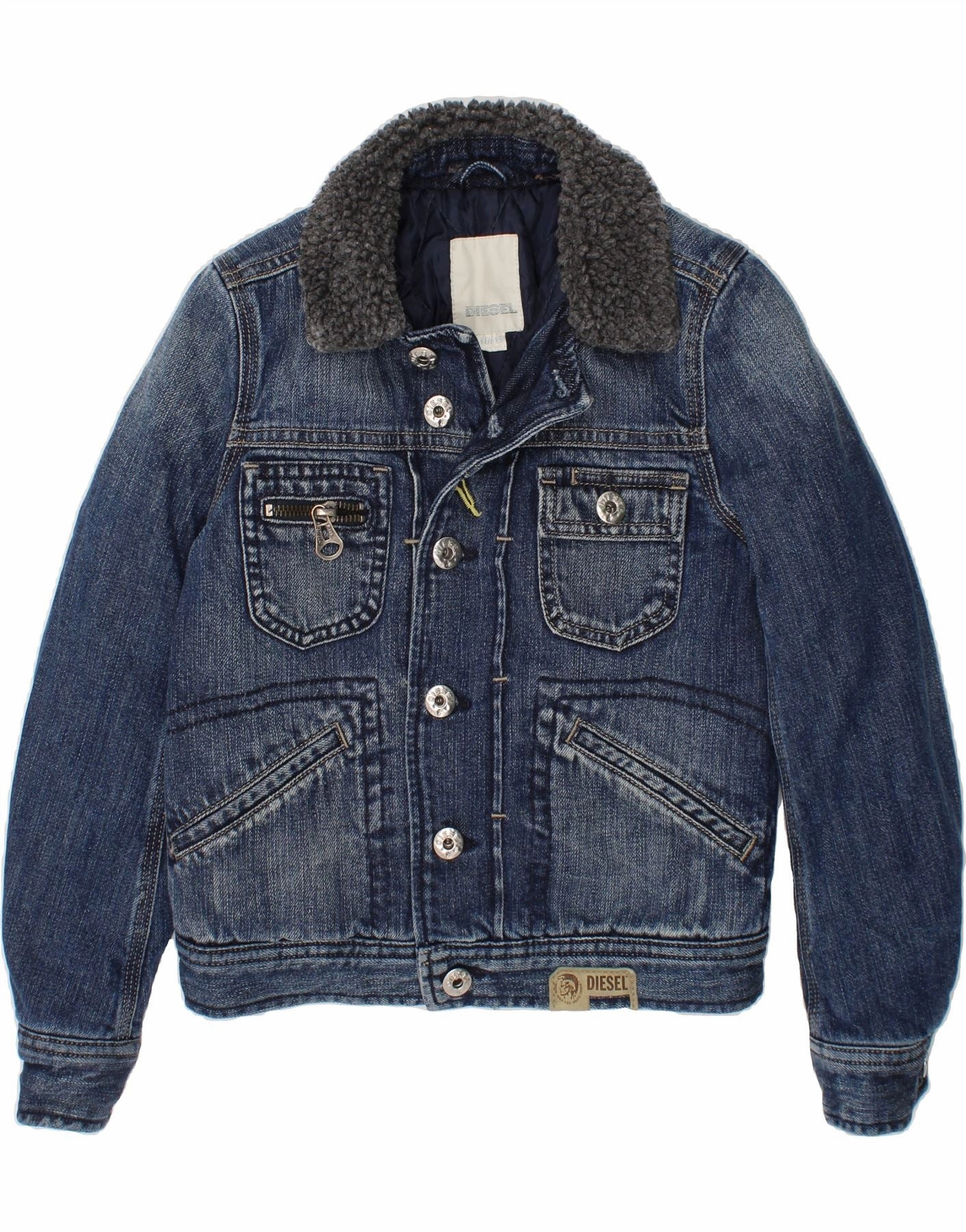 Patched DIESEL Boys Graphic Denim Jacket 4-5 Years XS Blue Cotton