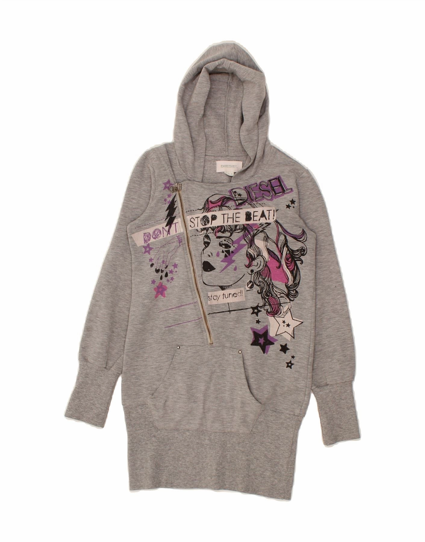 DIESEL Girls Graphic Hooded Jumper Dress 11-12 Years Medium Grey Sporty Look Modern Finish