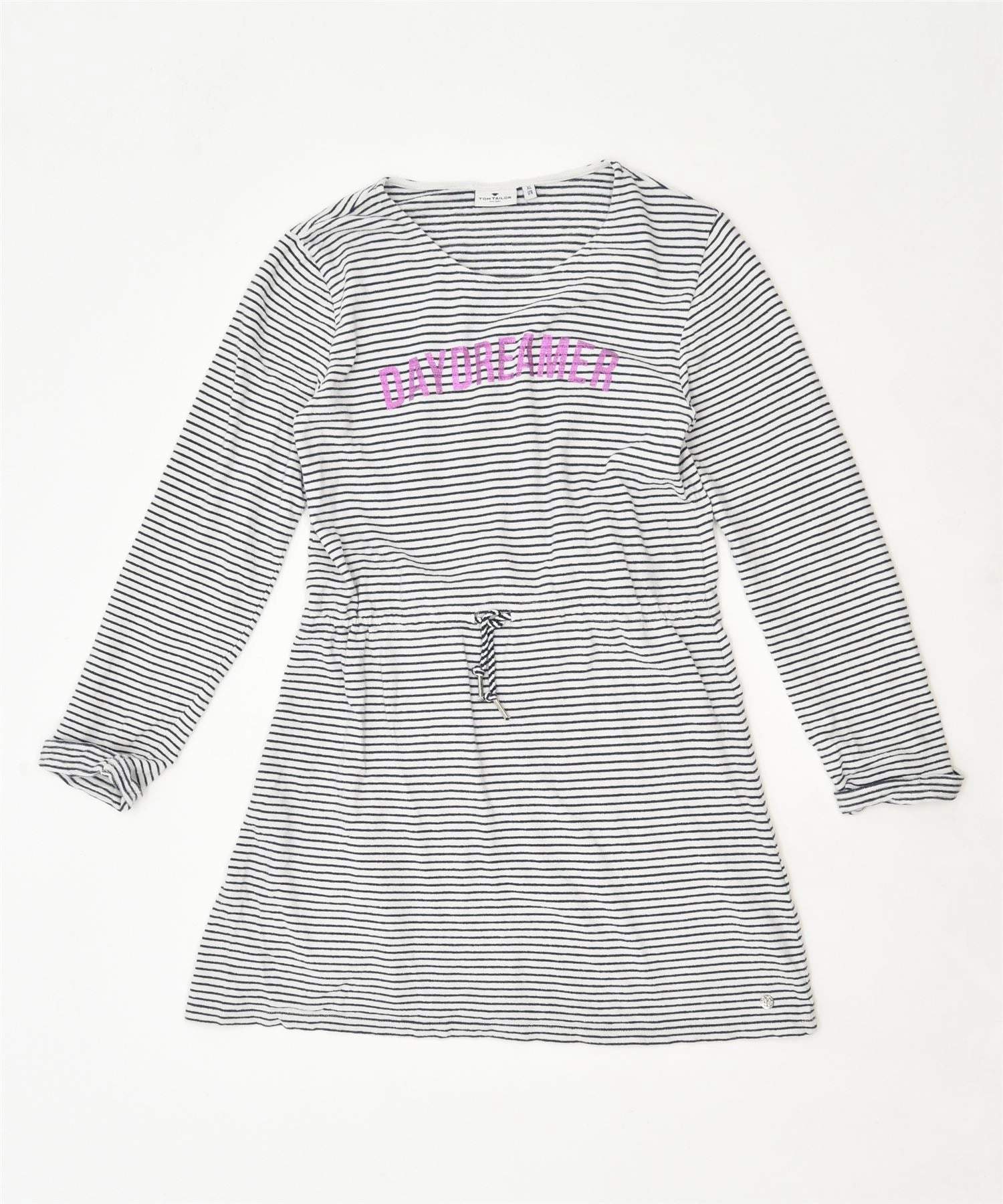 TOM TAILOR Girls Graphic Drop Waist Dress 15-16 Years XL White Striped Sheer Light
