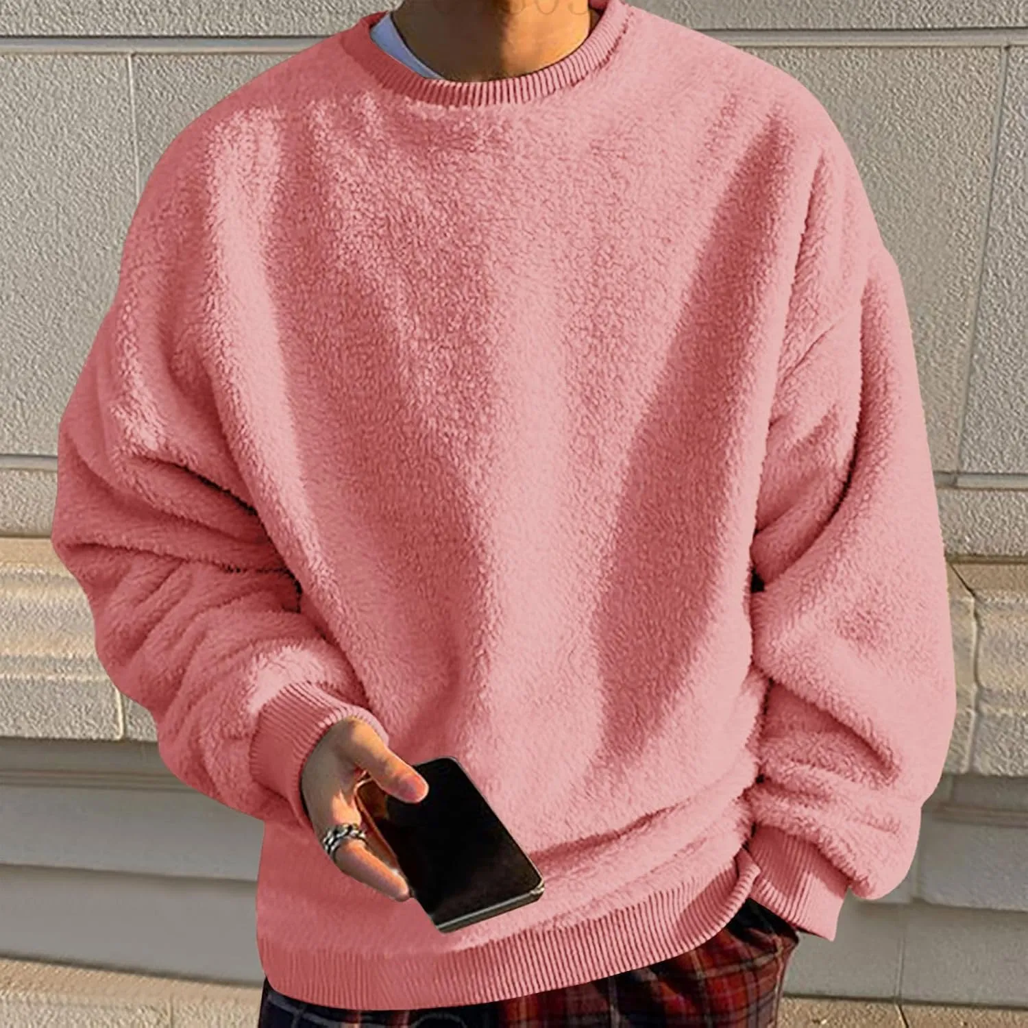 DOLKFU Men Hoodies Sherpa Fleece Oversized Pullover Sweatshirts Solid Color Long Sleeve Warm Crewneck Sweatshirt