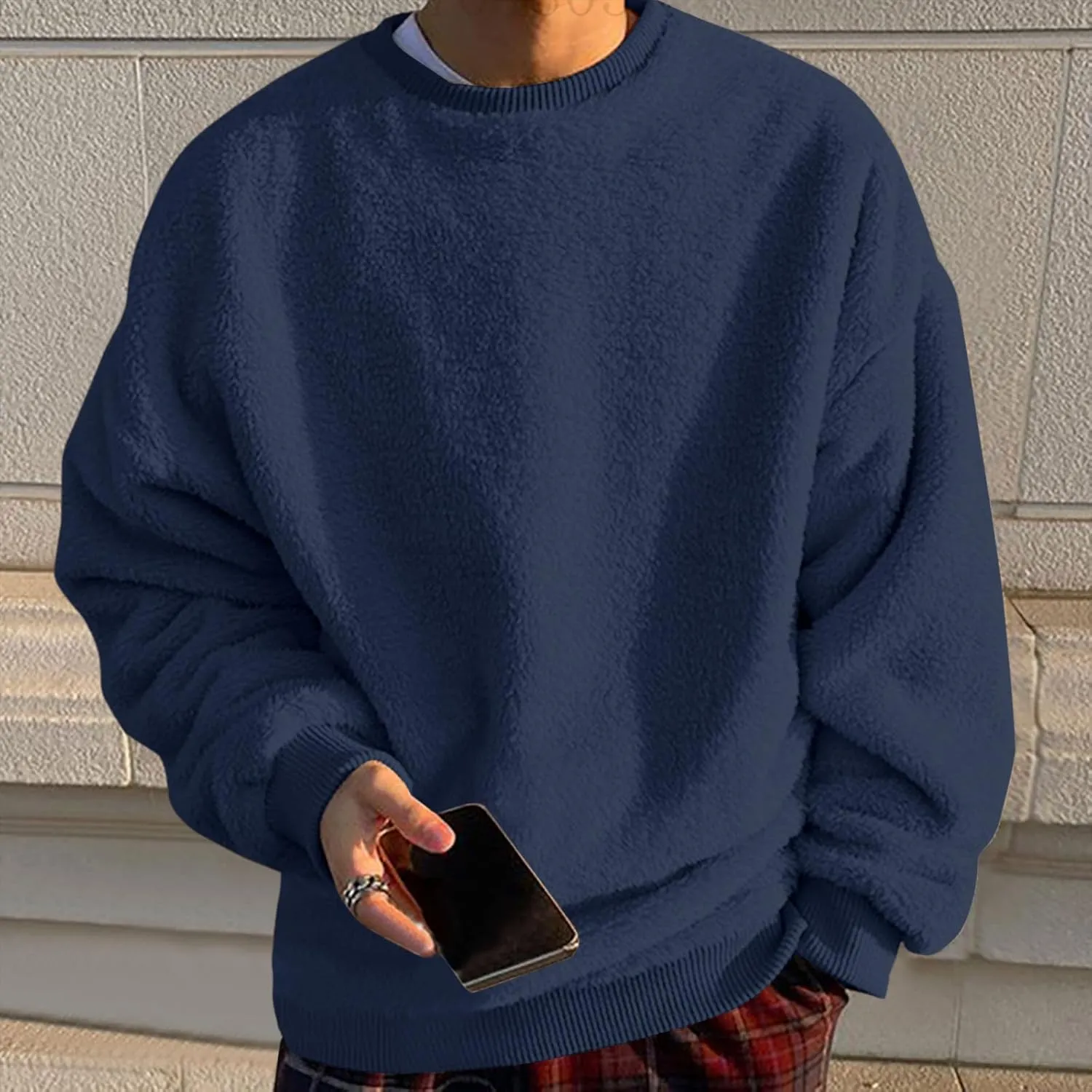 DOLKFU Men Hoodies Sherpa Fleece Oversized Pullover Sweatshirts Solid Color Long Sleeve Warm Crewneck Sweatshirt