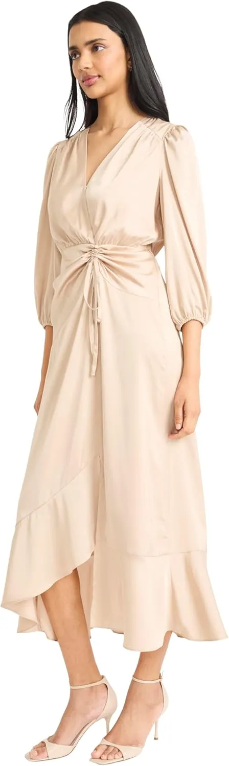 Donna Morgan Women's Midi Wrap Style V-Neck with Gathered Waist and Three-Quarter Length Sleeves-Formal Dress