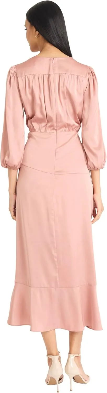 Donna Morgan Women's Midi Wrap Style V-Neck with Gathered Waist and Three-Quarter Length Sleeves-Formal Dress