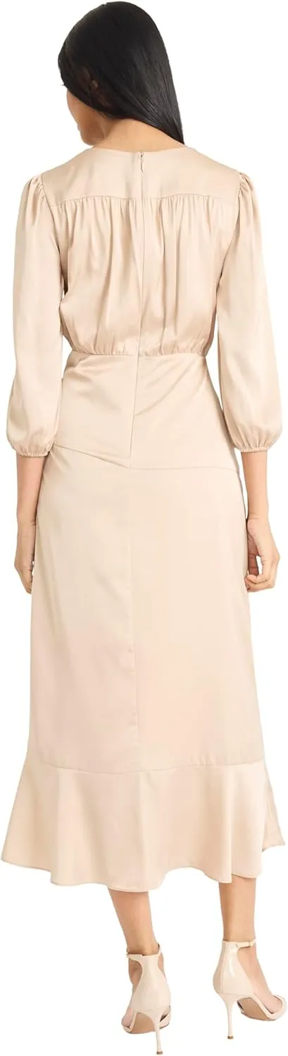 Donna Morgan Women's Midi Wrap Style V-Neck with Gathered Waist and Three-Quarter Length Sleeves-Formal Dress