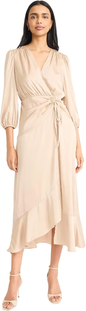 Donna Morgan Women's Midi Wrap Style V-Neck with Gathered Waist and Three-Quarter Length Sleeves-Formal Dress