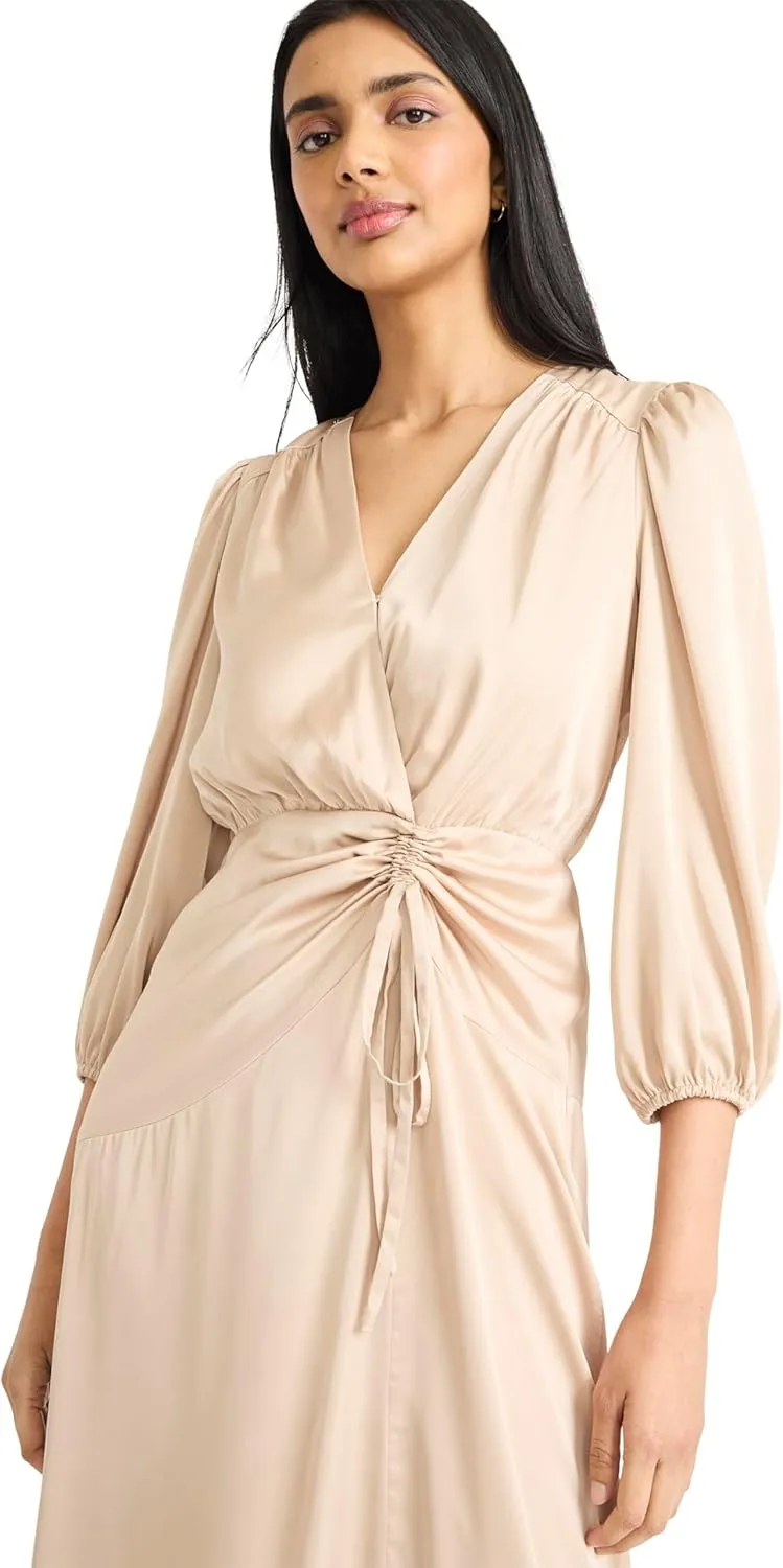 Donna Morgan Women's Midi Wrap Style V-Neck with Gathered Waist and Three-Quarter Length Sleeves-Formal Dress