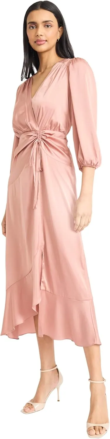 Donna Morgan Women's Midi Wrap Style V-Neck with Gathered Waist and Three-Quarter Length Sleeves-Formal Dress