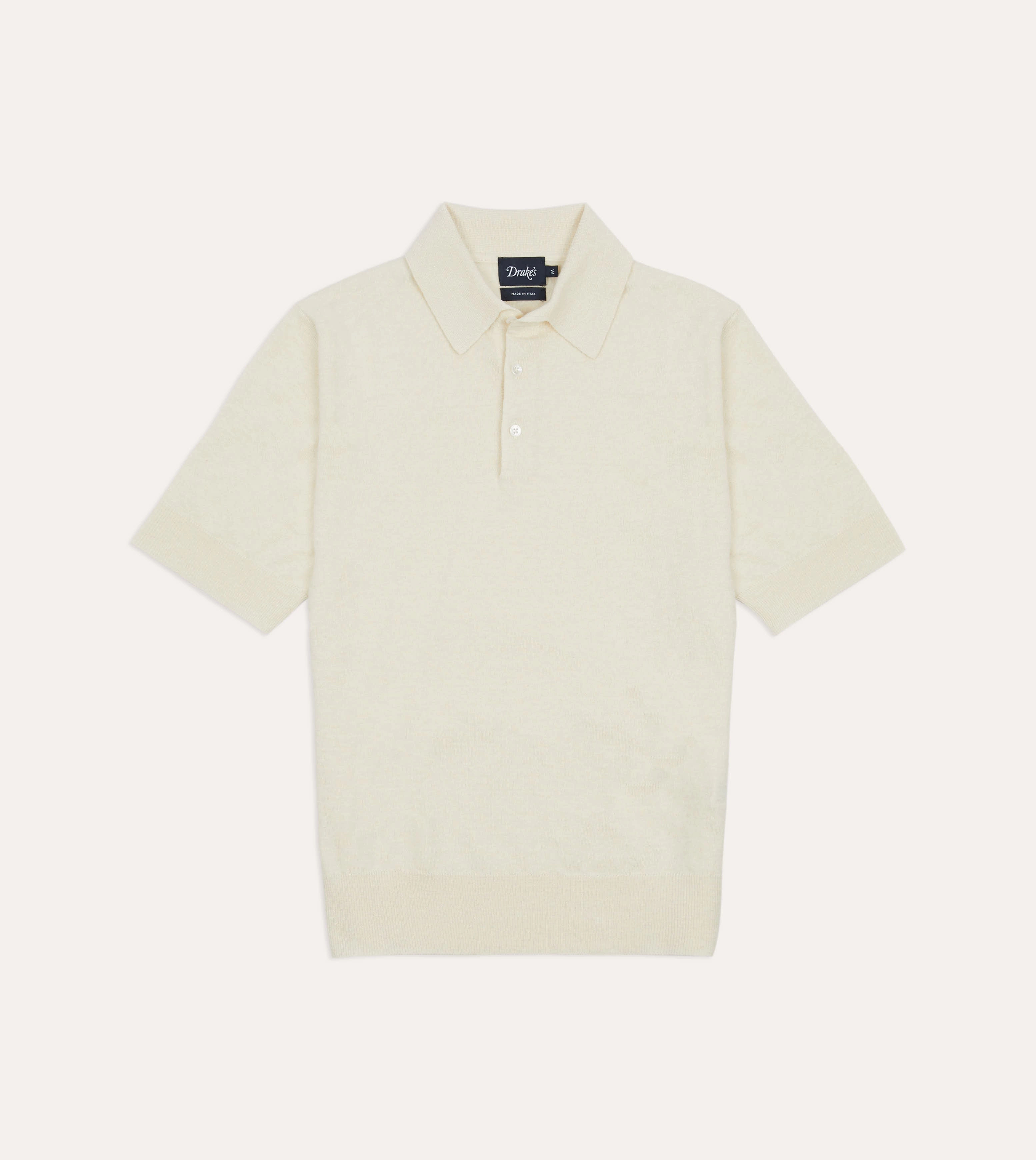Interlock Ribbed Collar Openwork Lattice Pattern Ecru Knitted Linen-Cotton Short-Sleeve Polo Shirt