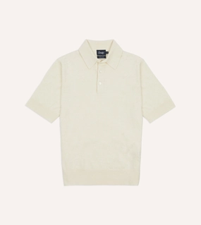 Interlock Ribbed Collar Openwork Lattice Pattern Ecru Knitted Linen-Cotton Short-Sleeve Polo Shirt