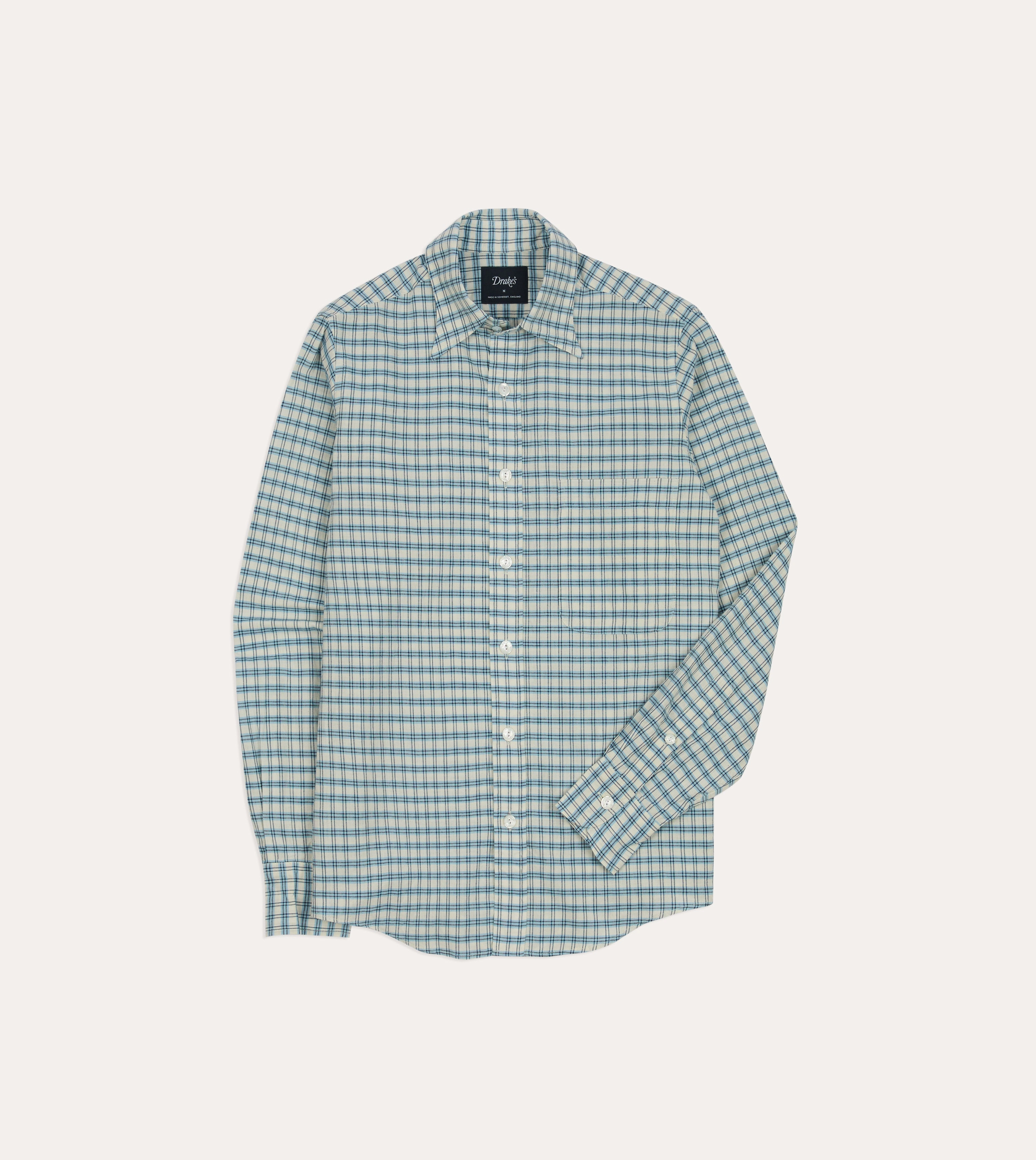 Asymmetrical Cut Graphic Art Blue and White Madras Check Cotton Long Point Collar Shirt