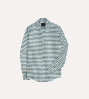 Asymmetrical Cut Graphic Art Blue and White Madras Check Cotton Long Point Collar Shirt
