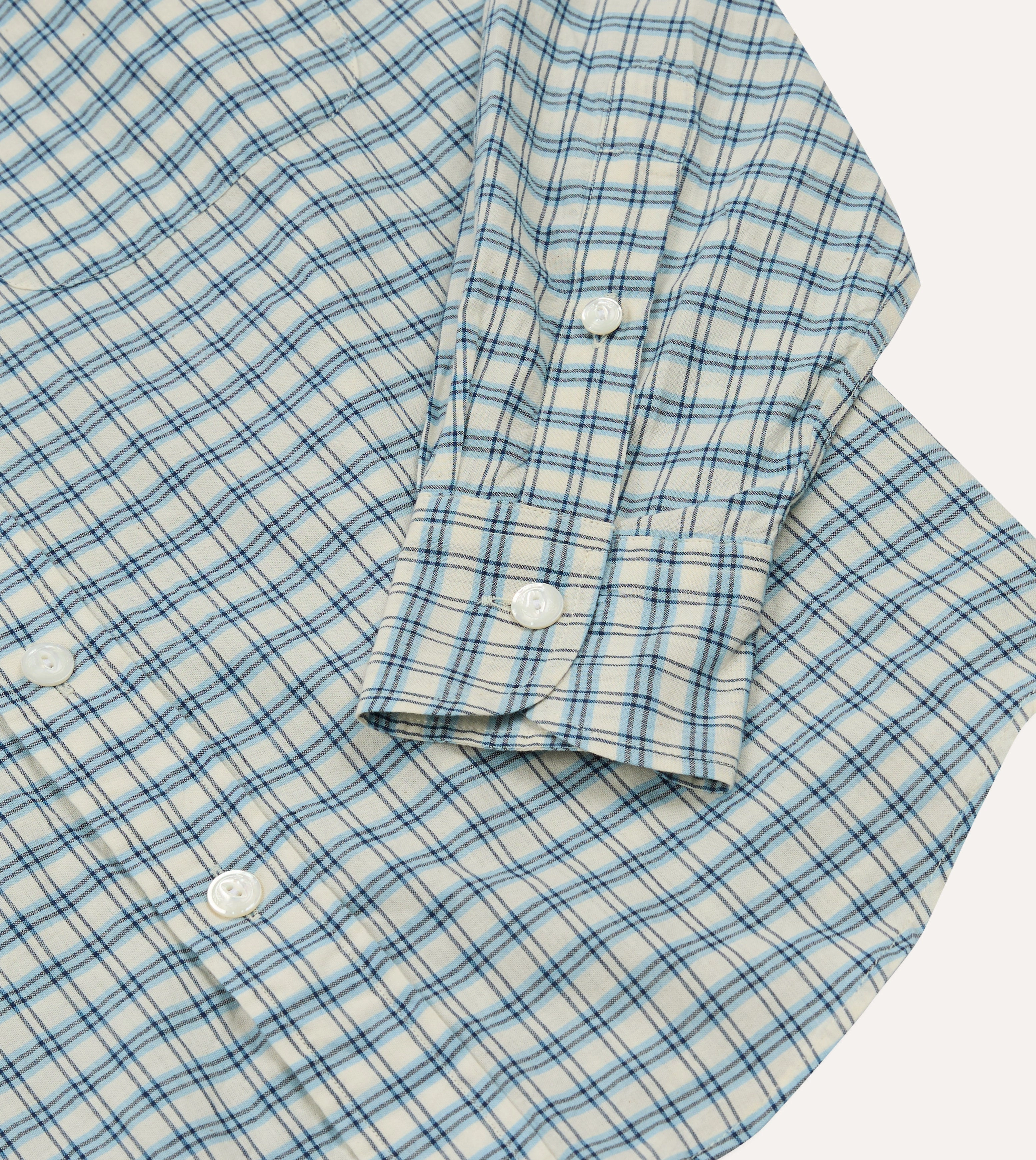 Blue and White Madras Check Cotton Long Point Collar Shirt Lightweight Comfort