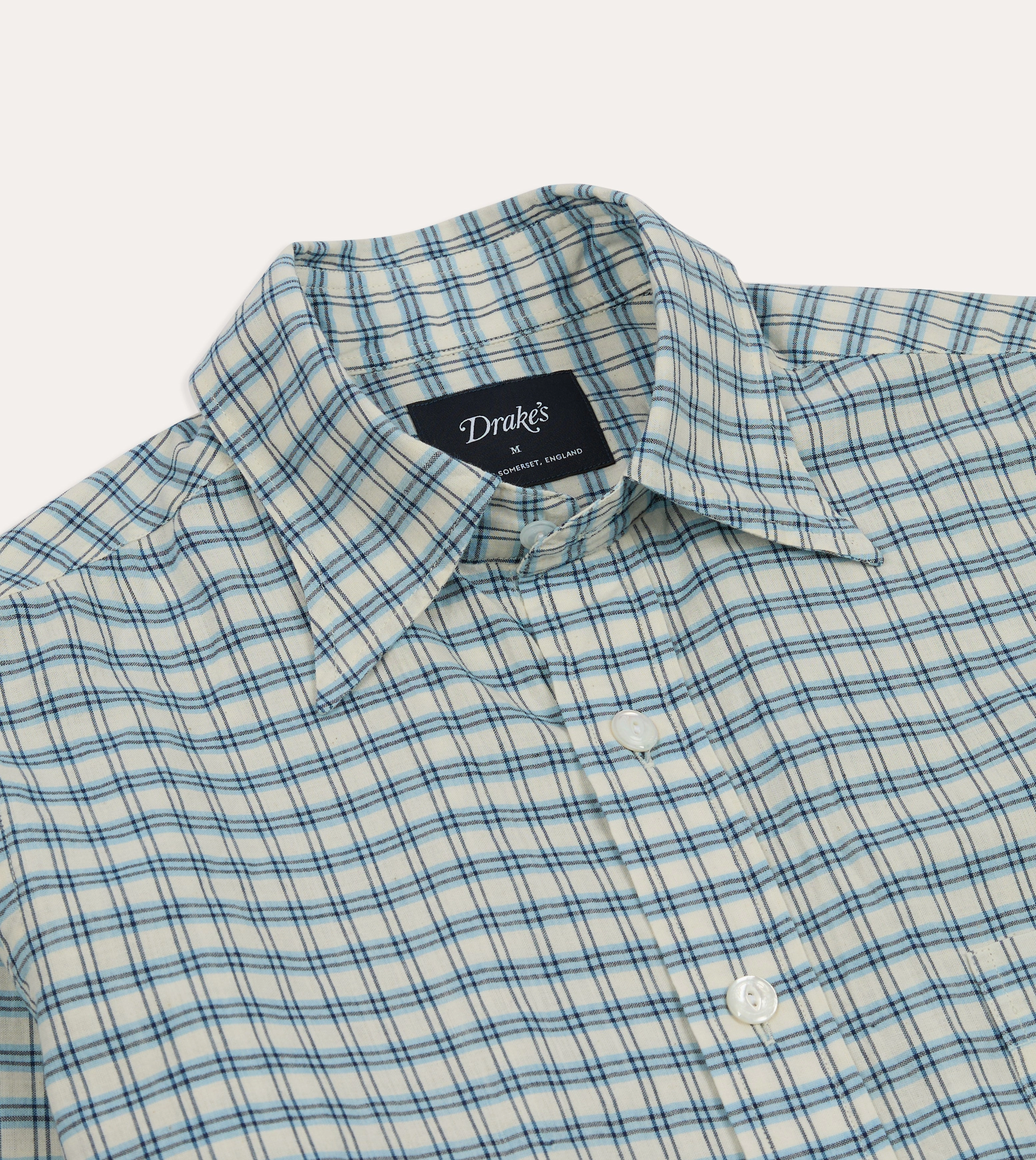 Blue and White Madras Check Cotton Long Point Collar Shirt Anti Static Finish