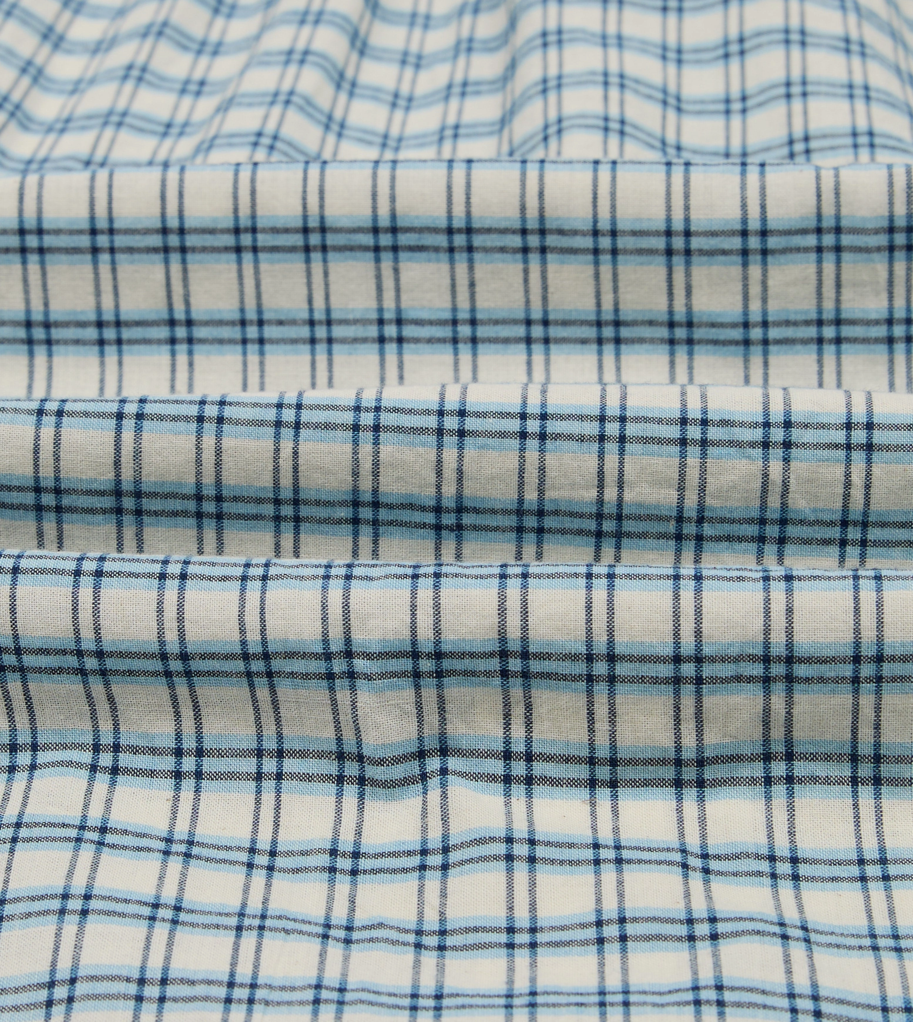 Blue and White Madras Check Cotton Long Point Collar Shirt Textured Finish Flatlock stitching