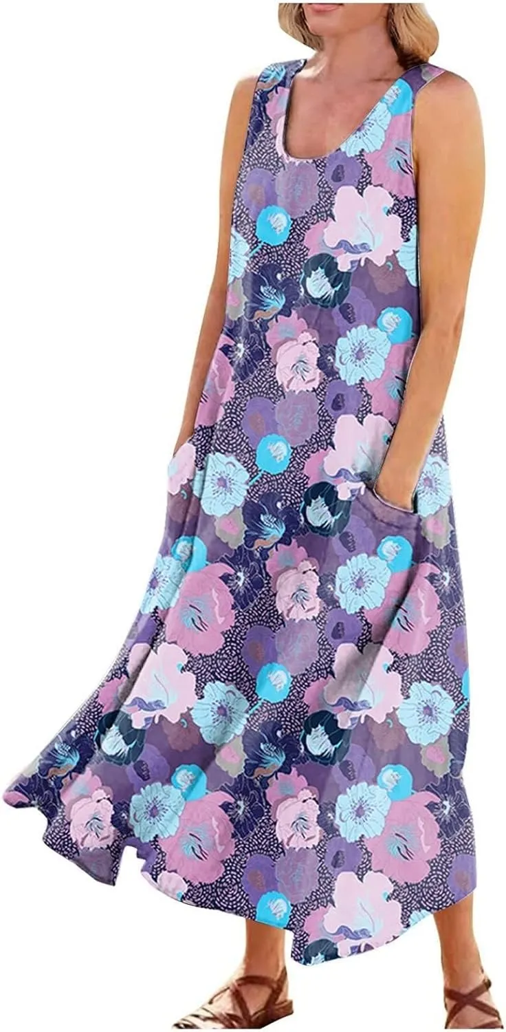 Dresses for Women 2024 Beach Linen Floral Print Sundress with Pockets Summer Casual Sleeveless Flowy Maxi Dress