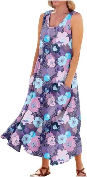 Dresses for Women 2024 Beach Linen Floral Print Sundress with Pockets Summer Casual Sleeveless Flowy Maxi Dress