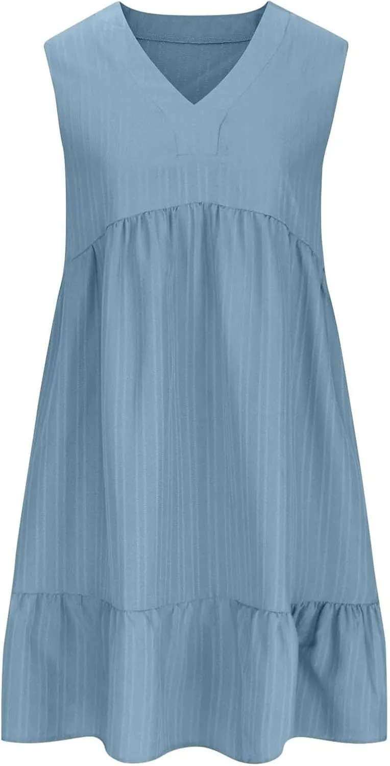 Dresses for Women 2025 Elegant Classy Casual Sleeveless V Neck Dresses Fashion Casual Flowy Boho Ruffle A Line Swing Dress
