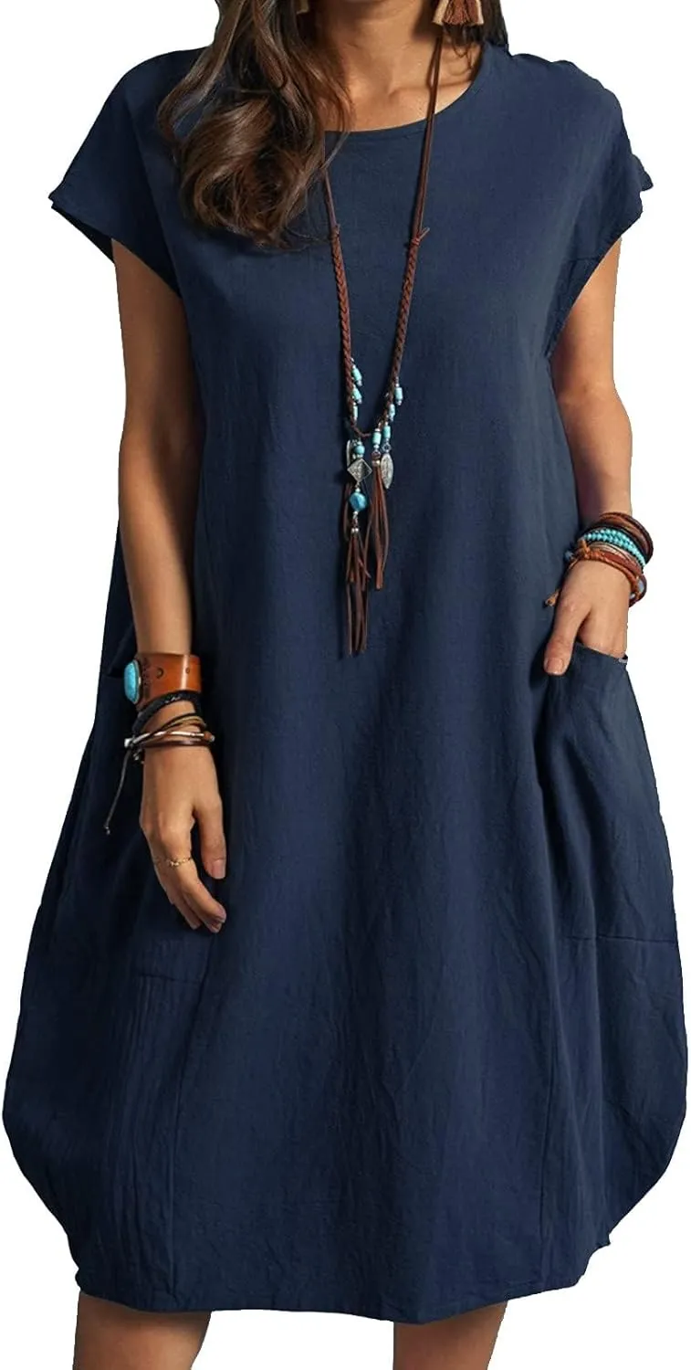 Dresses for Women Ctton Linen Short Sleeve Crew Neck Midi Dress Oversized Dress Loose Casual Baggy Dresses Summer