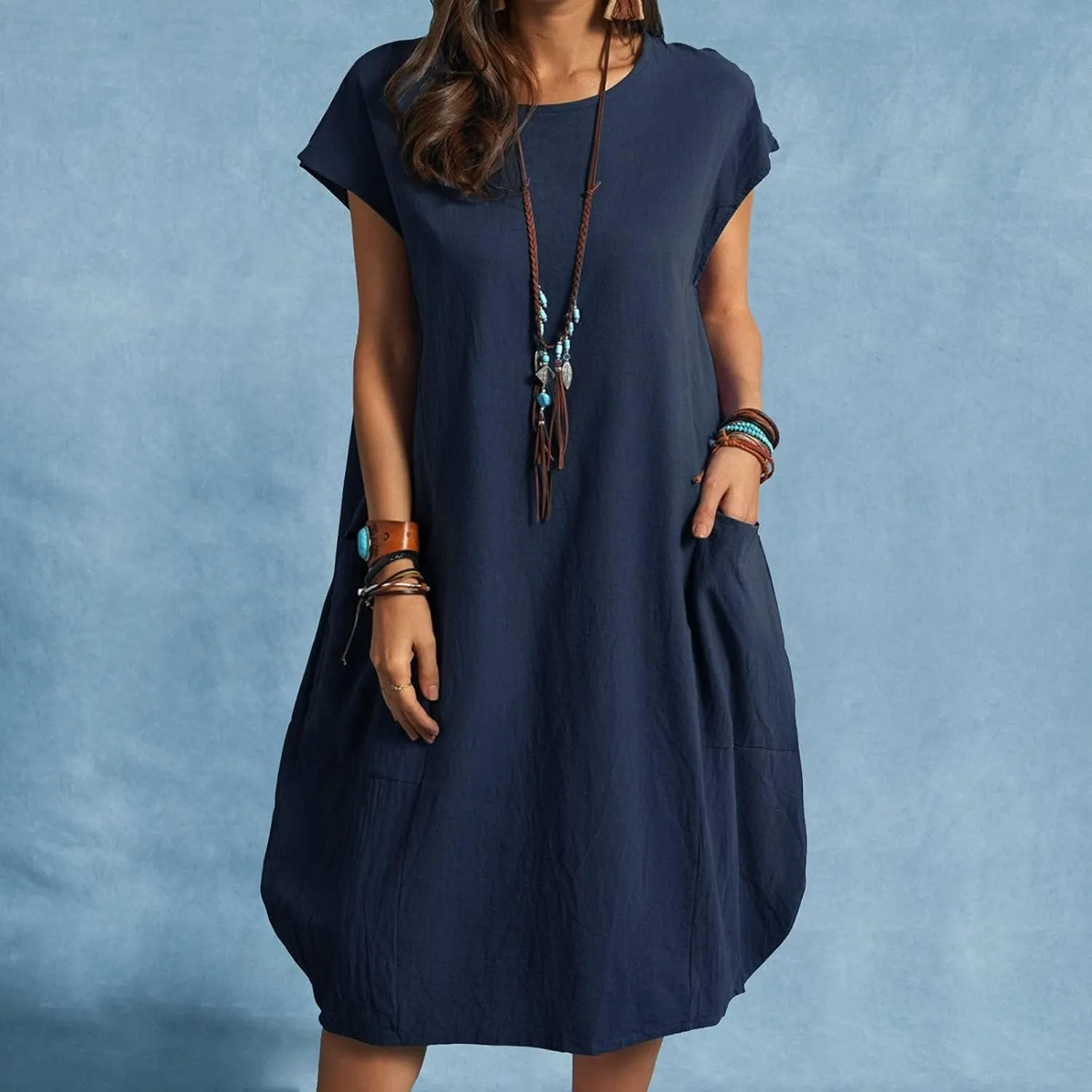 Dresses for Women Ctton Linen Short Sleeve Crew Neck Midi Dress Oversized Dress Loose Casual Baggy Dresses Summer