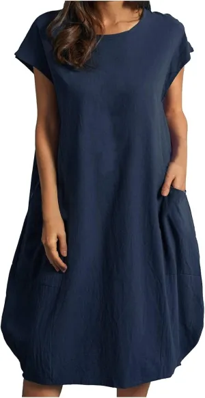 Dresses for Women Ctton Linen Short Sleeve Crew Neck Midi Dress Oversized Dress Loose Casual Baggy Dresses Summer