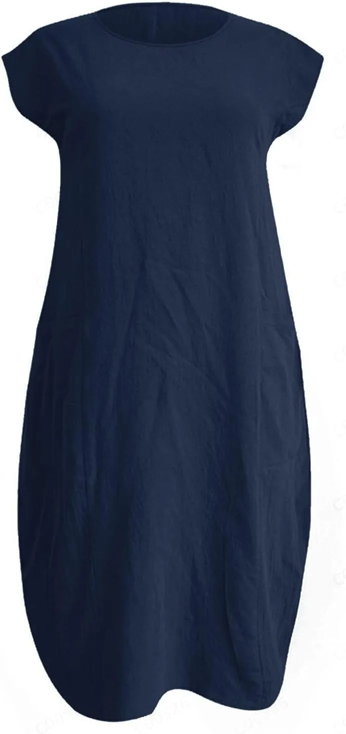Dresses for Women Ctton Linen Short Sleeve Crew Neck Midi Dress Oversized Dress Loose Casual Baggy Dresses Summer
