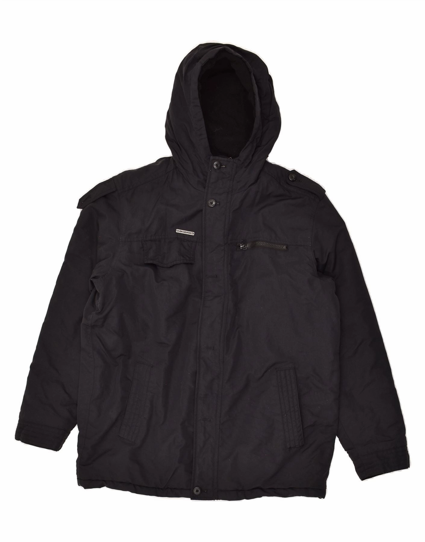 QUIKSILVER Boys Hooded Windbreaker Jacket 15-16 Years Black Polyester Extra Warmth