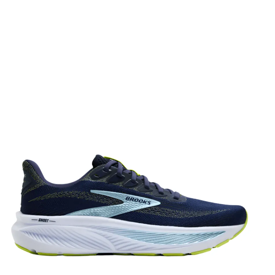 Brooks Men's Ghost 17 2E Wide Fit Running Shoes in Peacoat/Lime/Blue AW25 stability - focused running shoes