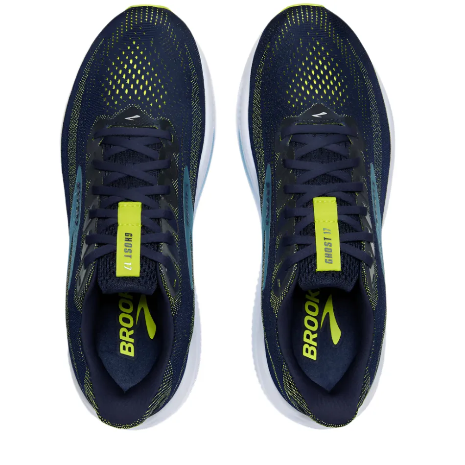 Vibration Dampening Anti Friction Brooks Men's Ghost 17 2E Wide Fit Running Shoes in Peacoat/Lime/Blue AW25
