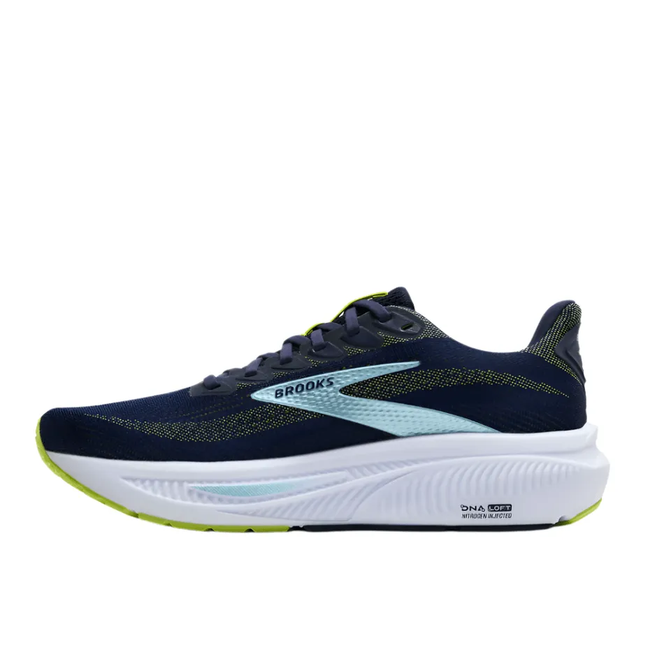 Brooks Men's Ghost 17 2E Wide Fit Running Shoes in Peacoat/Lime/Blue AW25 Comfortable Midsole
