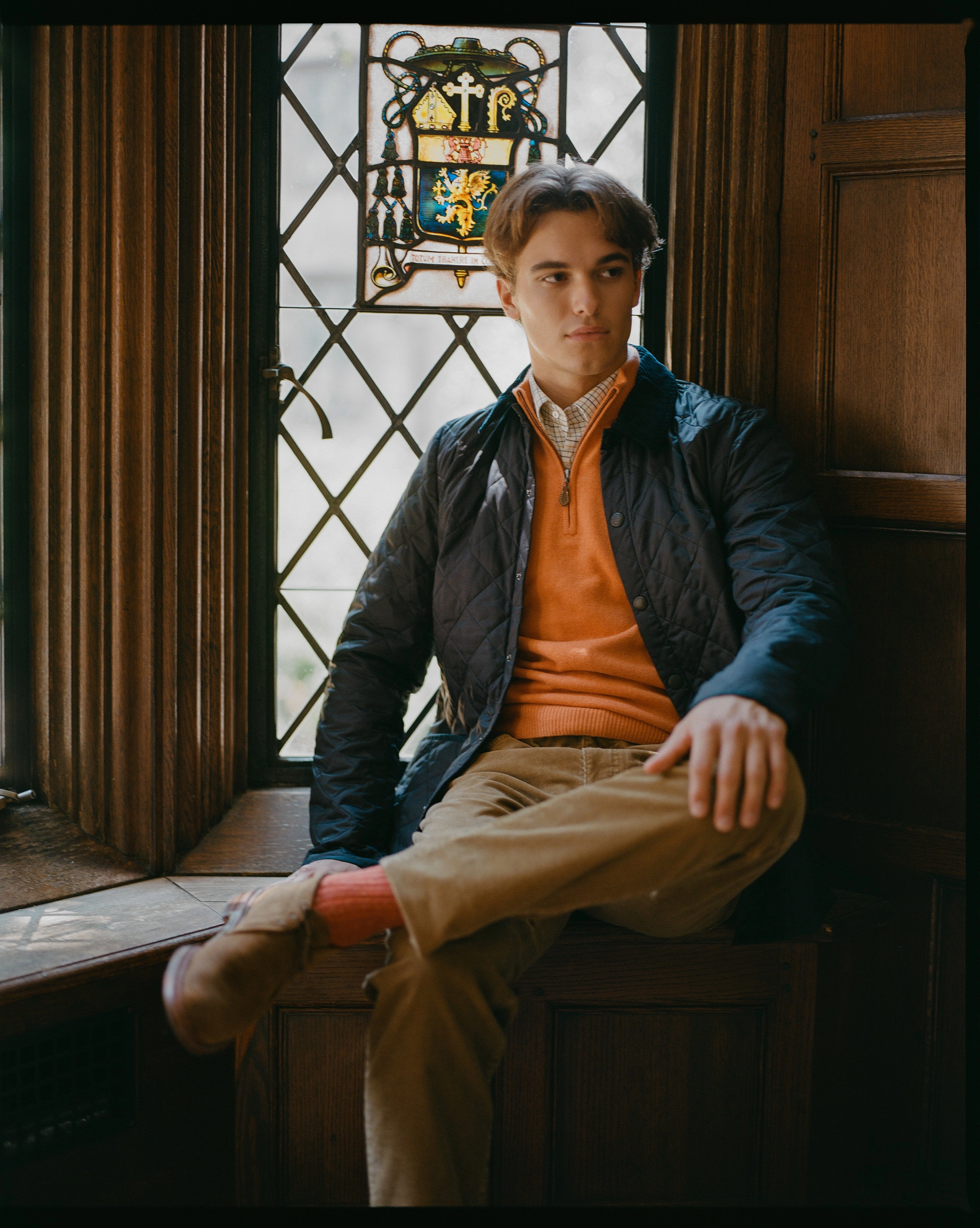 Orange Lambswool Quarter Zip-up Sweater Warm Outfit Lattice Stitch Pattern
