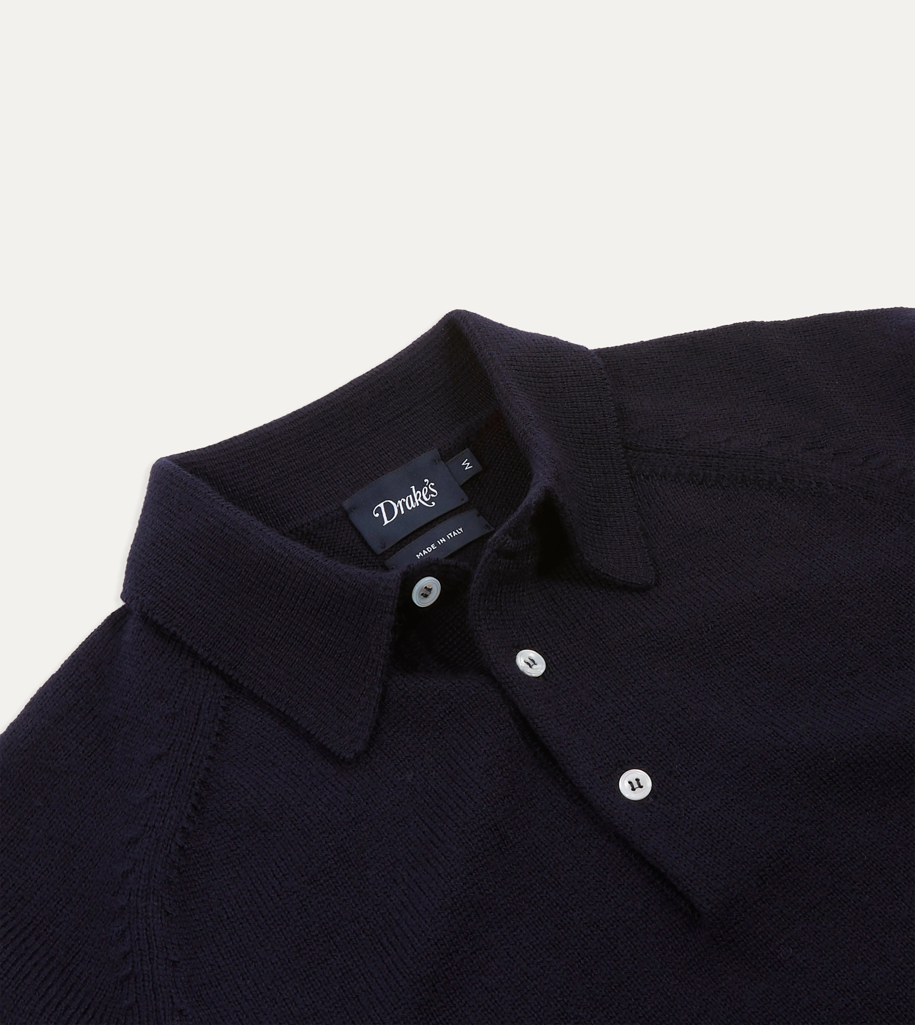 Navy Merino Wool Knitted Polo ShrinkageResistant Weave