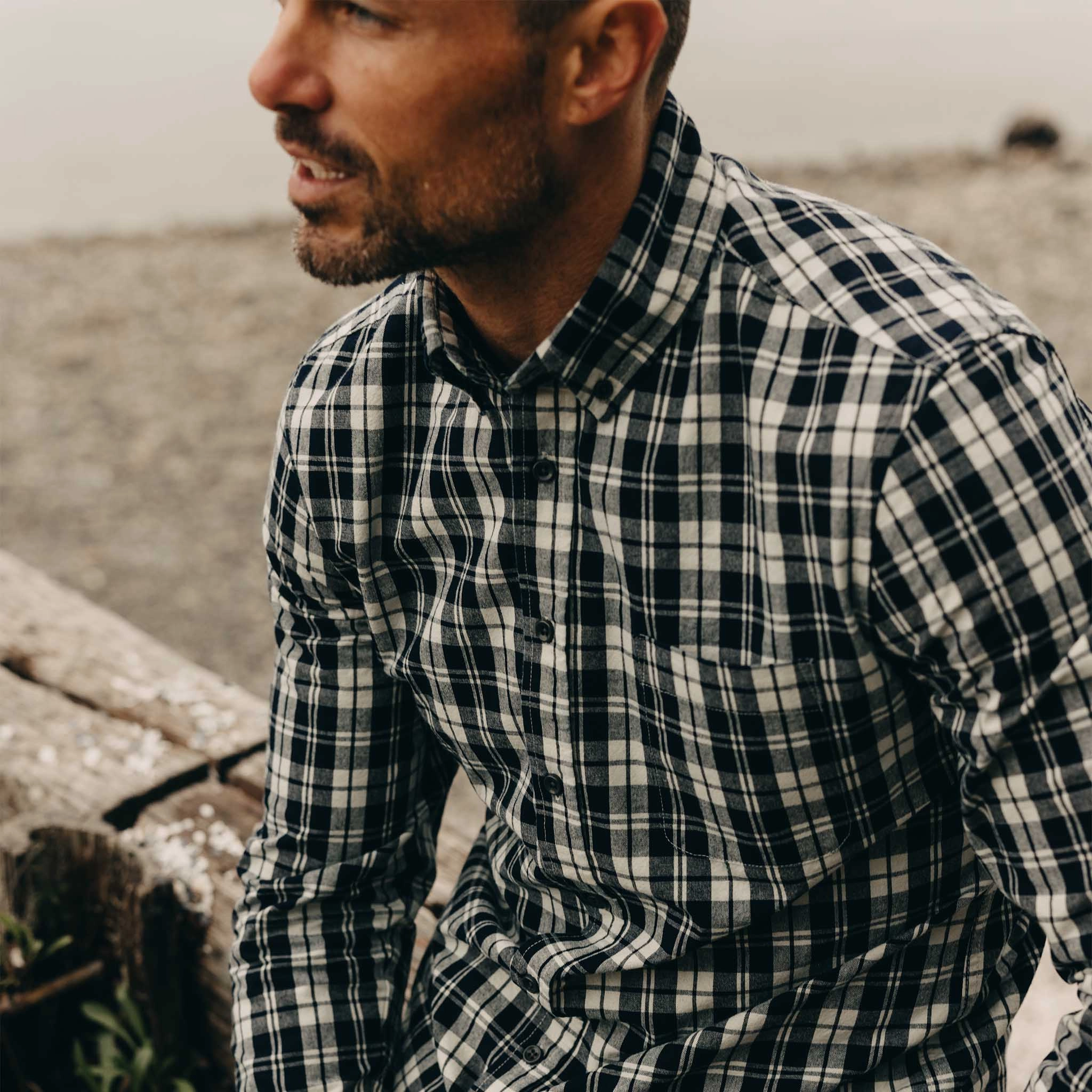 Multi Layer Stitching Tall friendly The Jack in Rinsed Indigo Plaid