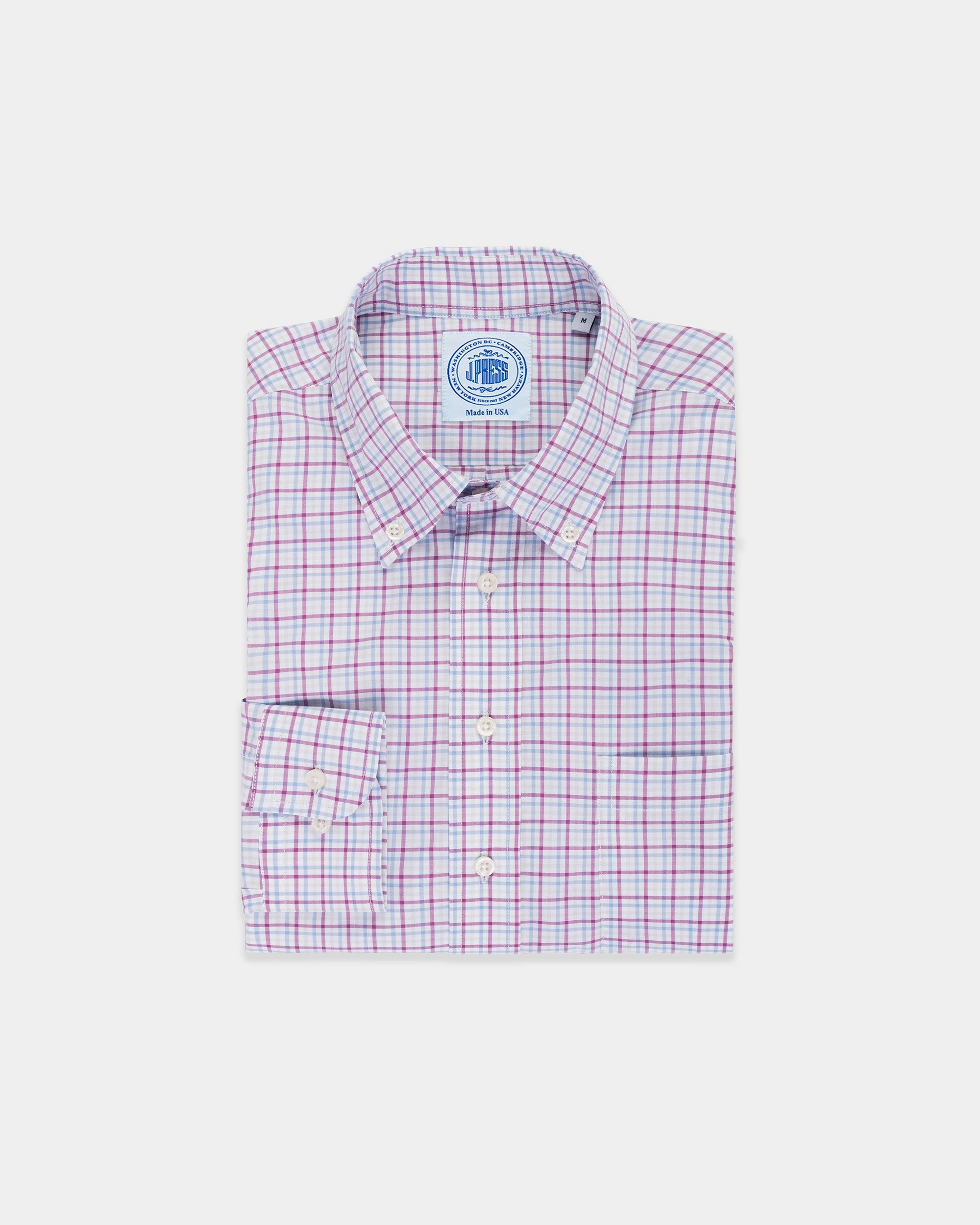 Tailored Cut Berry & Blue Checked Button Down Sport Shirt - Classic Fit