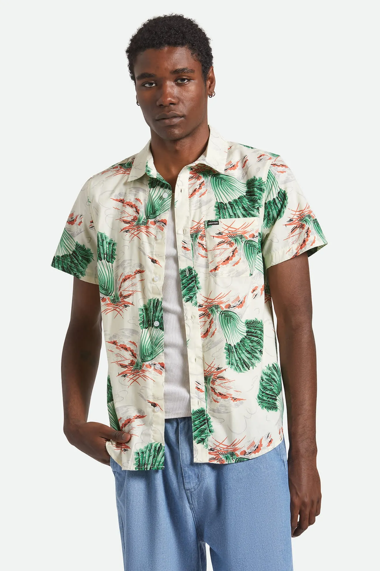 Charter Print S/S Shirt - Vintage Palm Print Breathable Material Neutral Tone