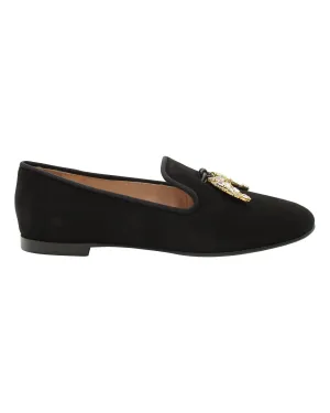 Effortless Walk Giuseppe Zanotti Embellished Shark Tooth Smoking Slippers in Black Suede