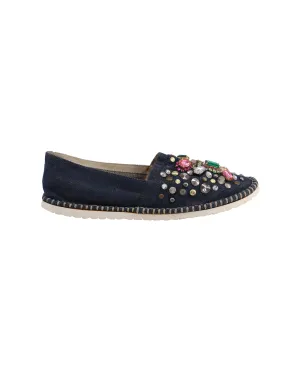 Flat Ease Lightweight Casadei Embellished Slip-Ons in Blue Cotton Denim