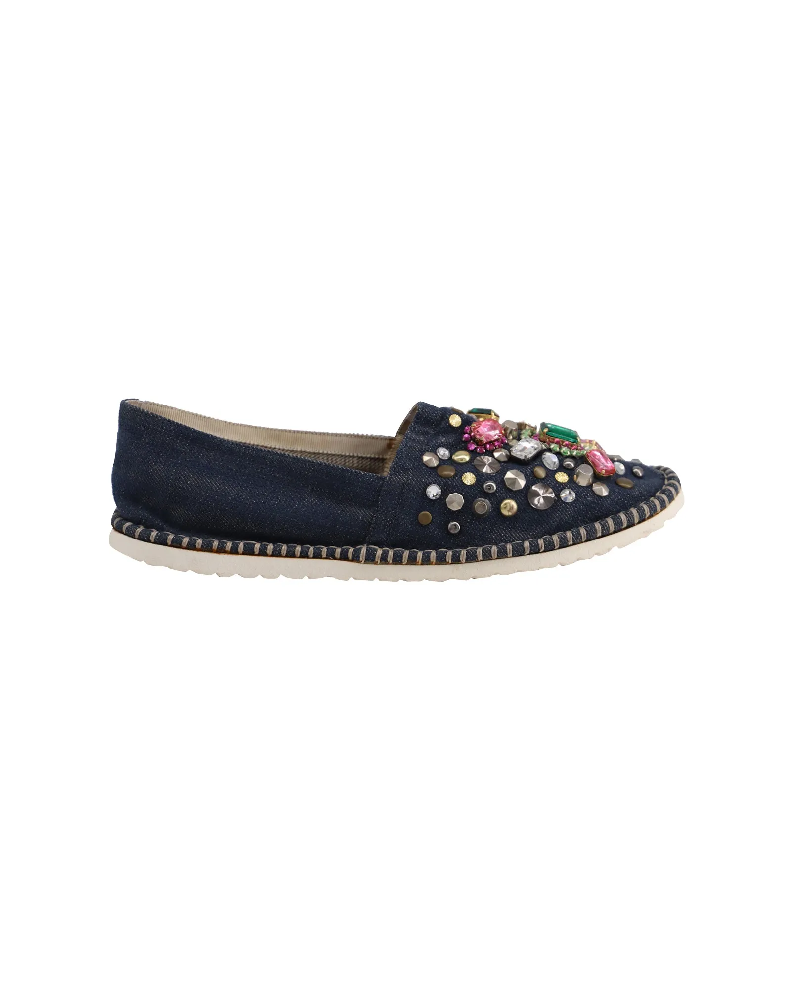 Flat Ease Lightweight Casadei Embellished Slip-Ons in Blue Cotton Denim