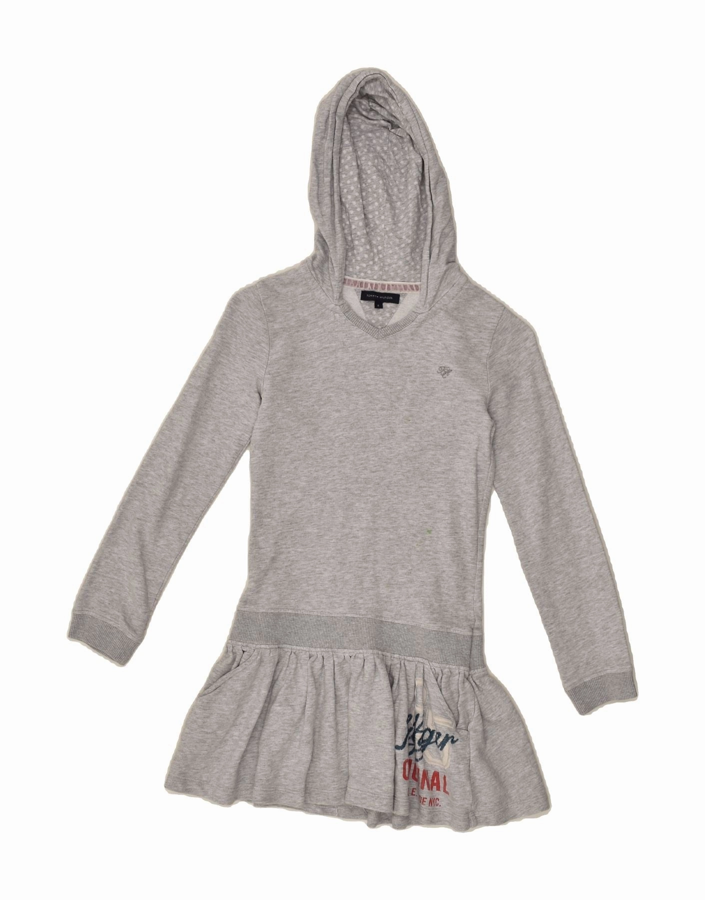 Comfy and Cozy TOMMY HILFIGER Girls Hooded Jumper Dress 7-8 Years Grey Cotton