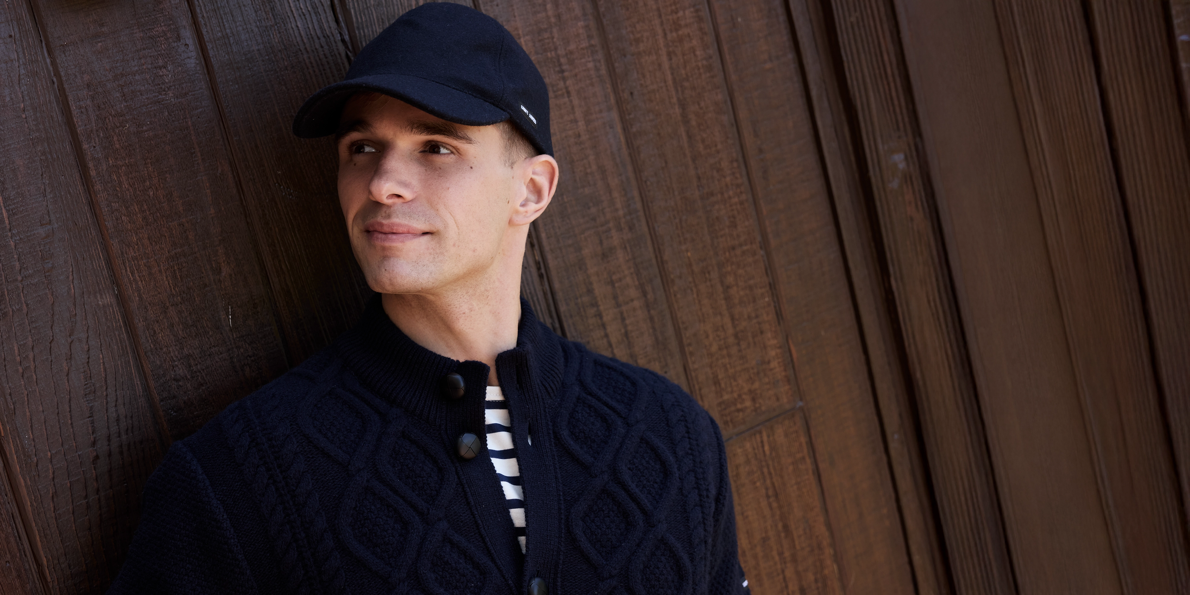 USTER - Diamond Cable Knit Wool Cardigan with Leather Buttons | 100% Wool (NAVY) Breathable Layer Layering Options