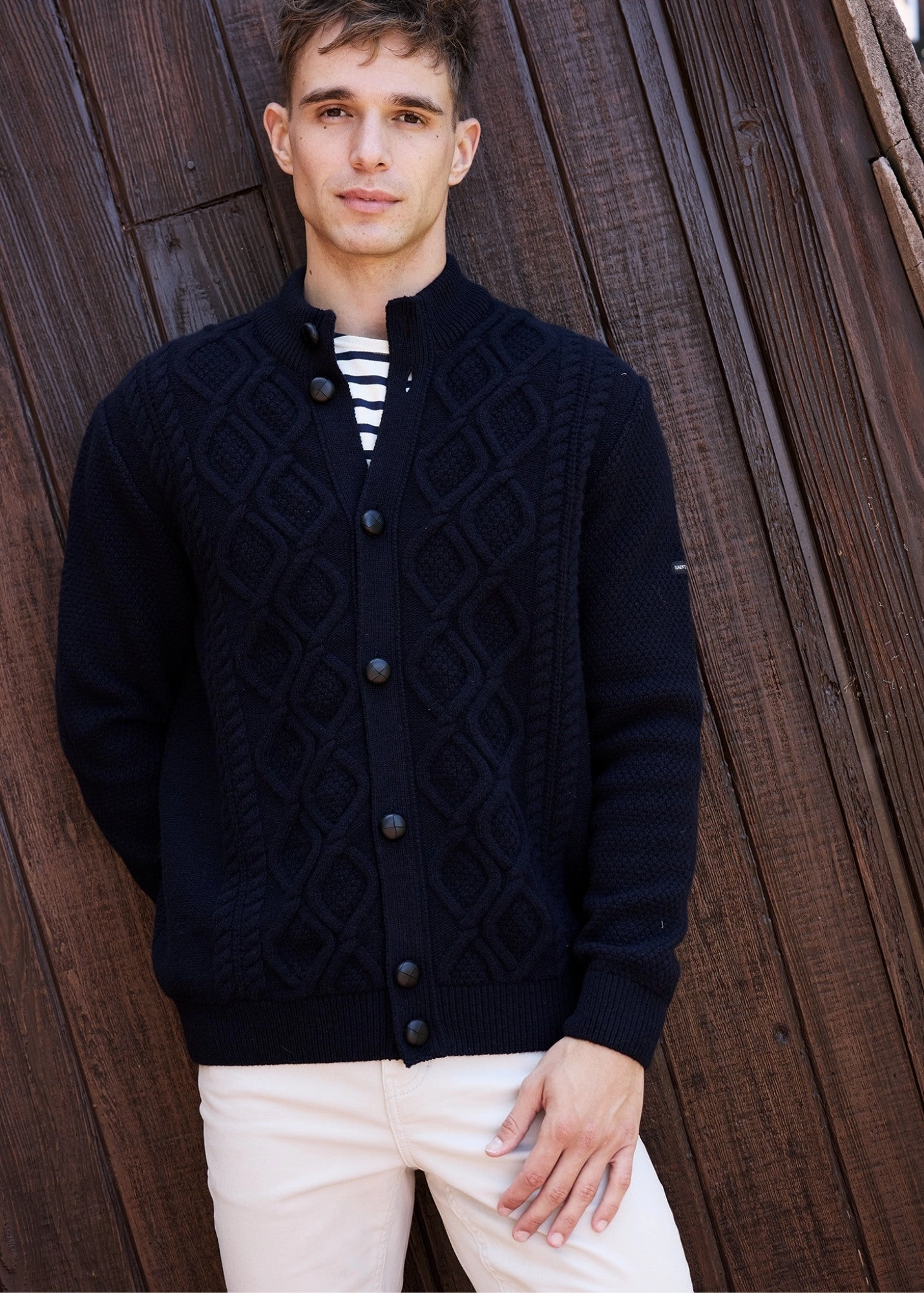 Layering Style Fashion Knit USTER - Diamond Cable Knit Wool Cardigan with Leather Buttons | 100% Wool (NAVY)