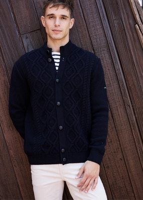 Knitwear Comfort Relaxed Neckline USTER - Diamond Cable Knit Wool Cardigan with Leather Buttons | 100% Wool (NAVY)